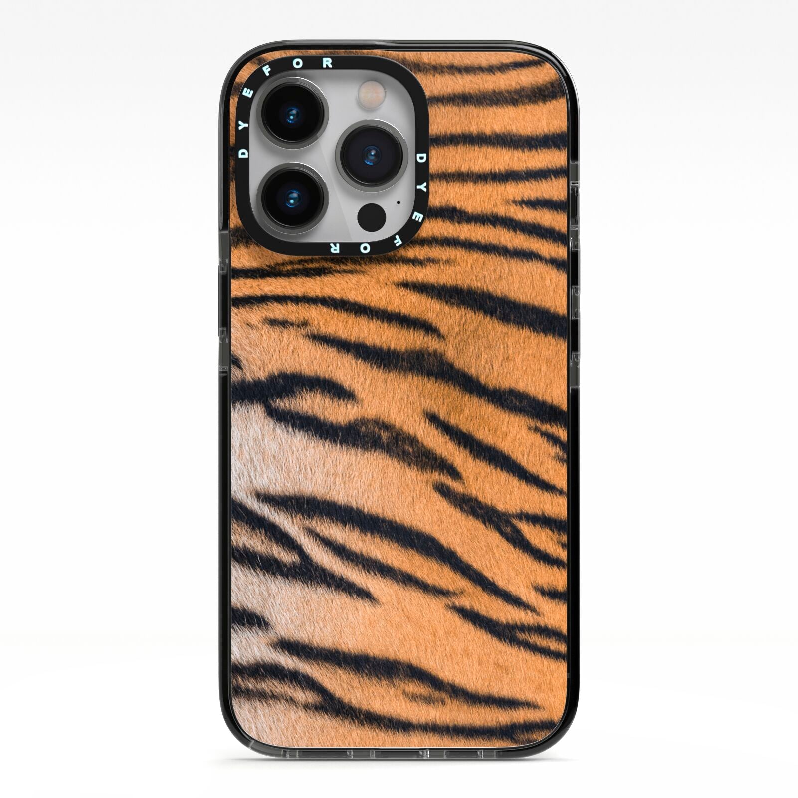 Tiger Print iPhone 13 Pro Black Impact Case on Silver phone