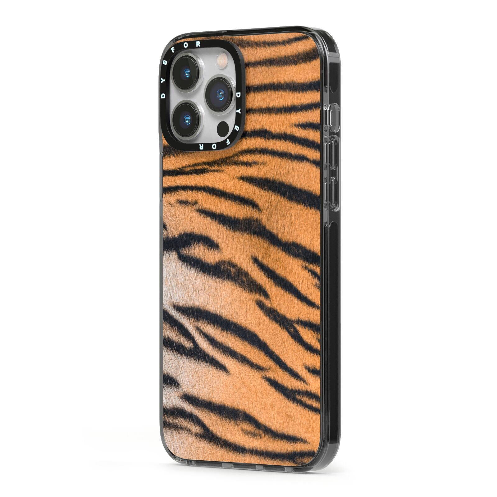 Tiger Print iPhone 13 Pro Max Black Impact Case Side Angle on Silver phone