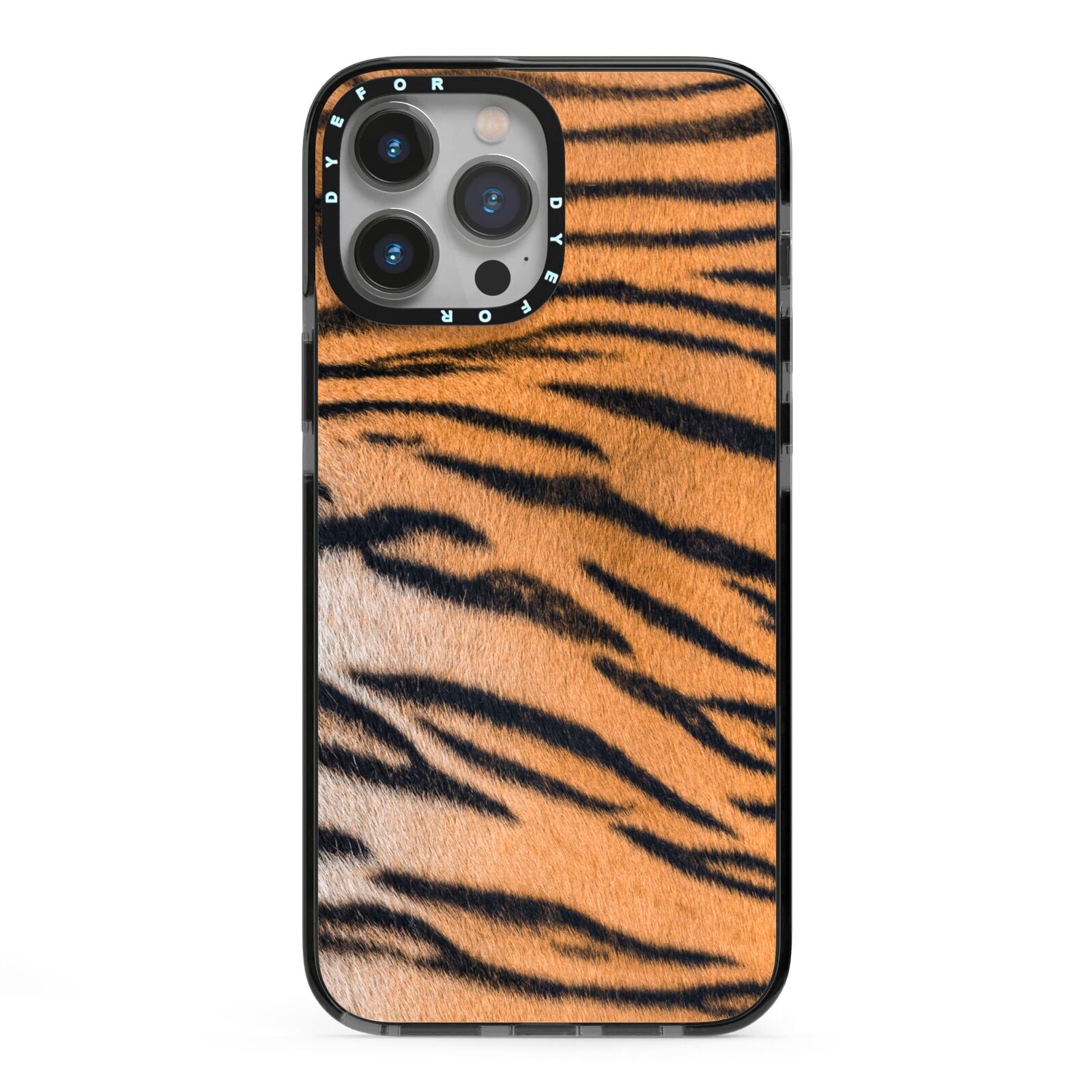 Tiger Print iPhone 13 Pro Max Black Impact Case on Silver phone