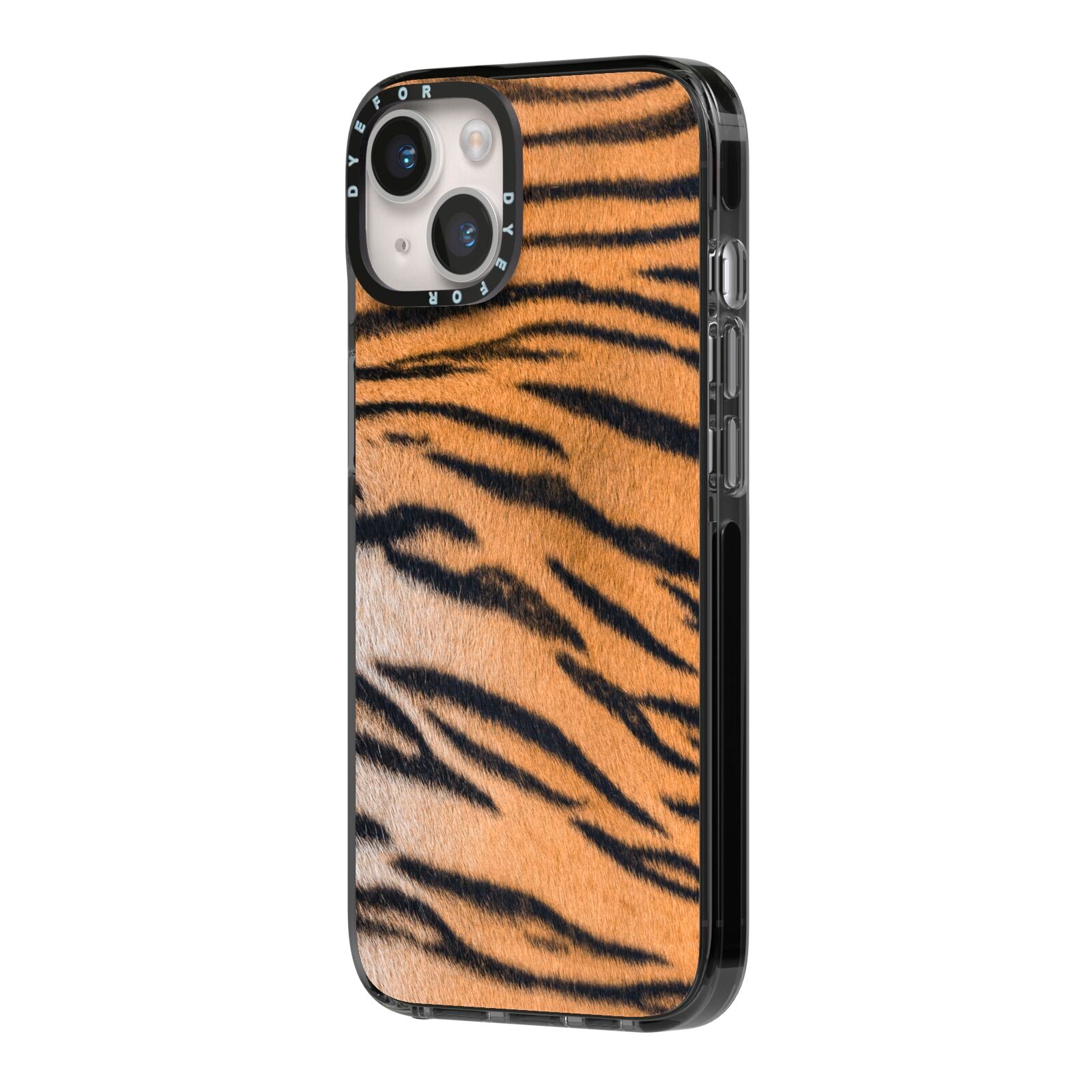 Tiger Print iPhone 14 Black Impact Case Side Angle on Silver phone