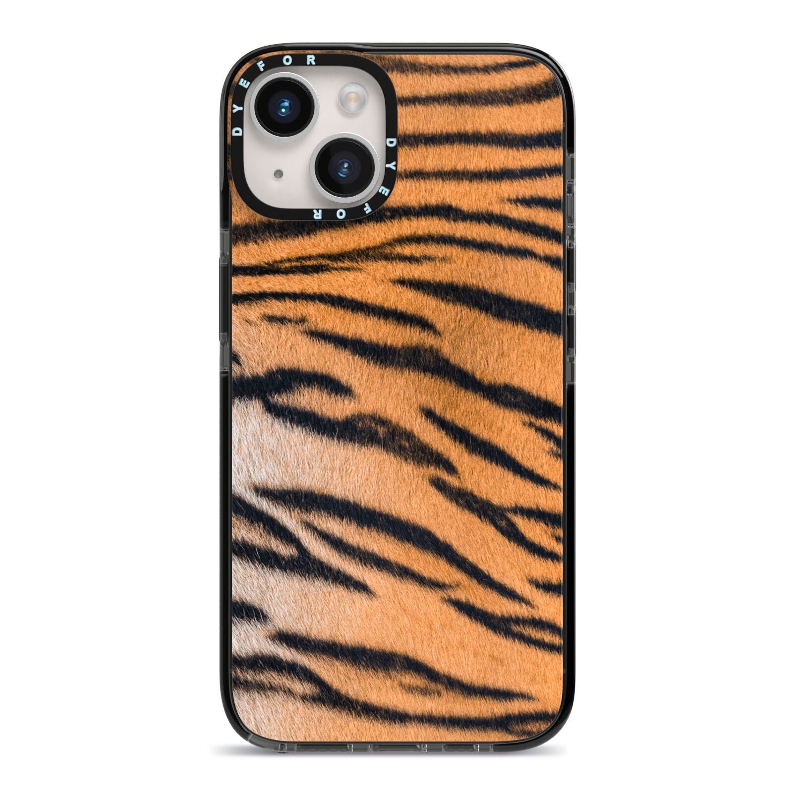 Tiger Print iPhone 14 Black Impact Case on Silver phone