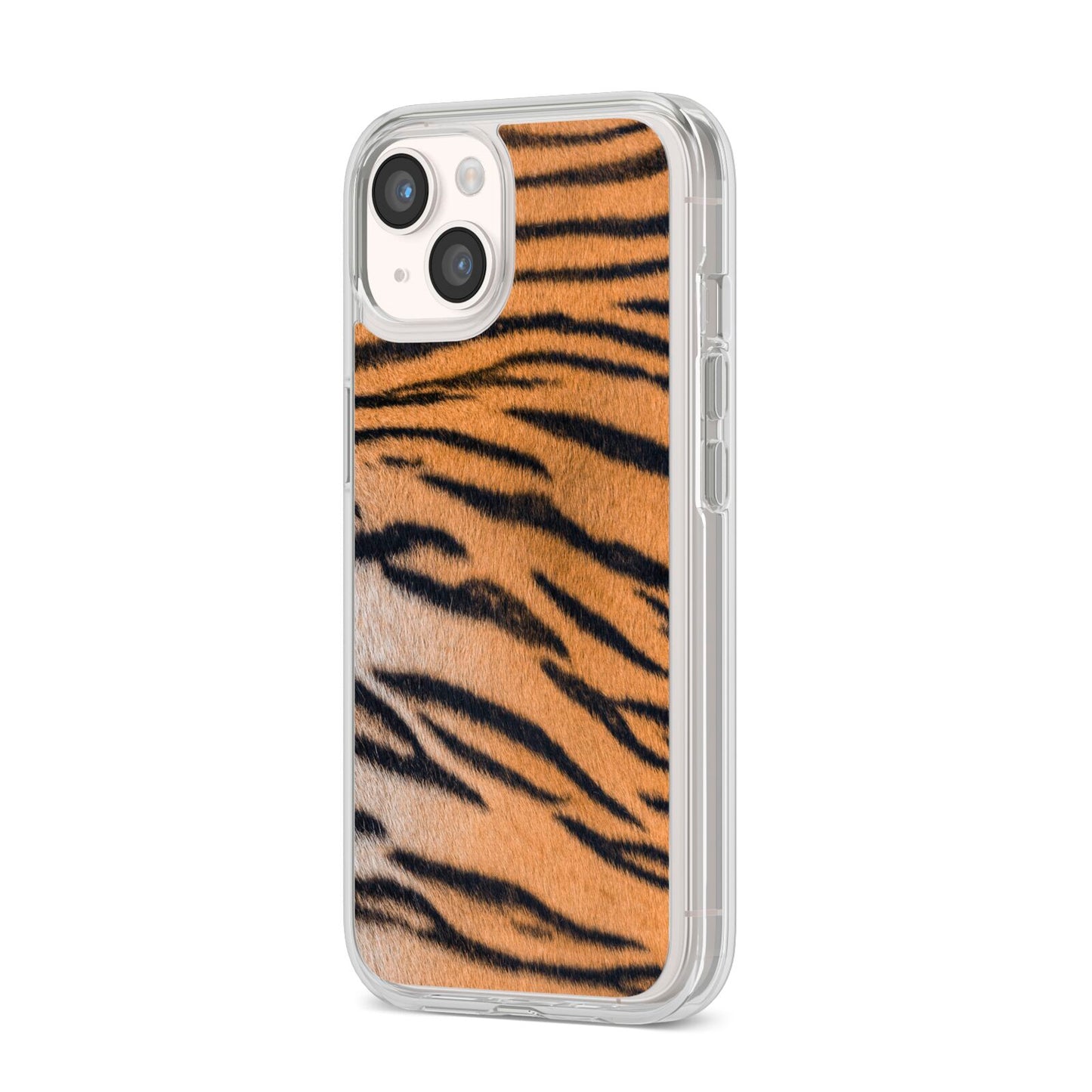 Tiger Print iPhone 14 Clear Tough Case Starlight Angled Image