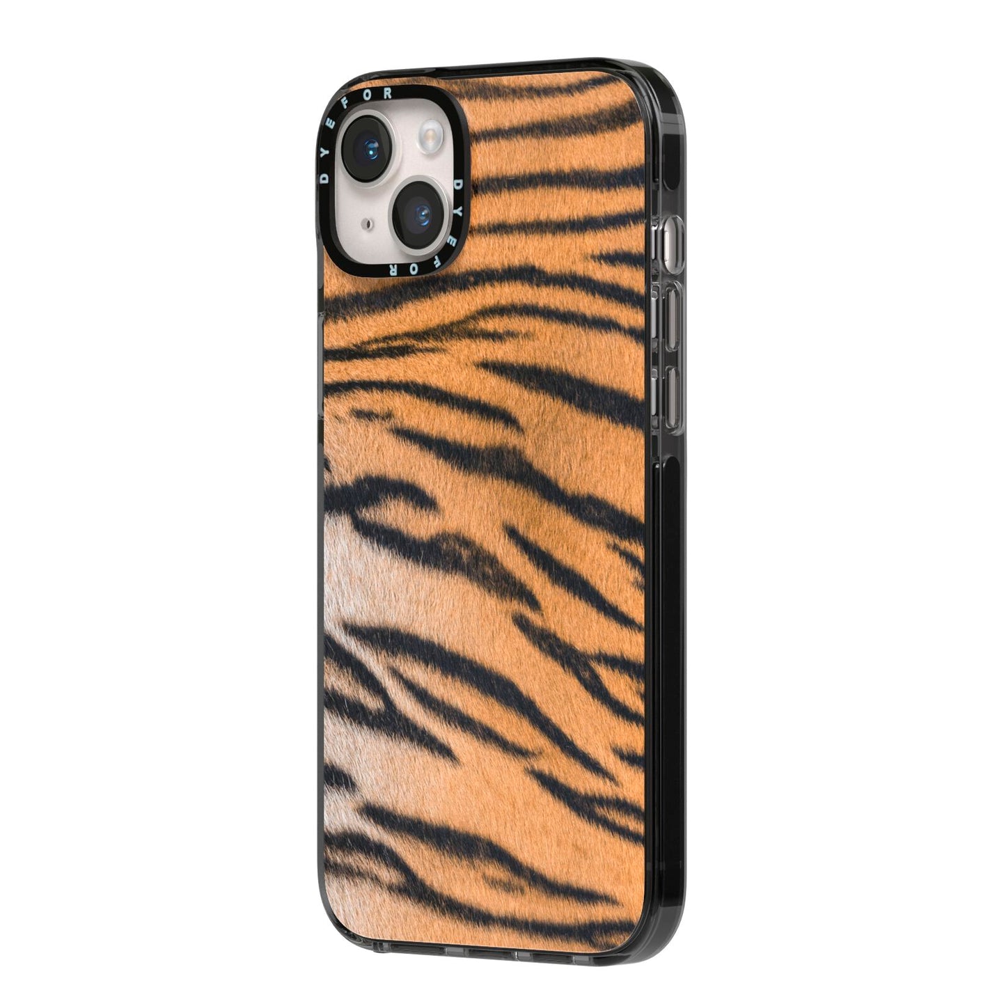 Tiger Print iPhone 14 Plus Black Impact Case Side Angle on Silver phone