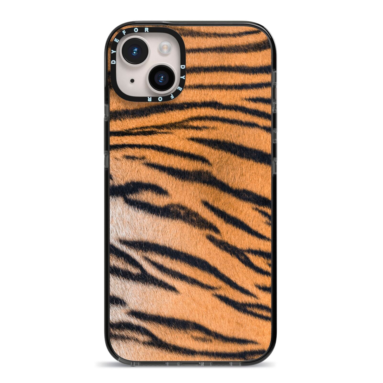 Tiger Print iPhone 14 Plus Black Impact Case on Silver phone