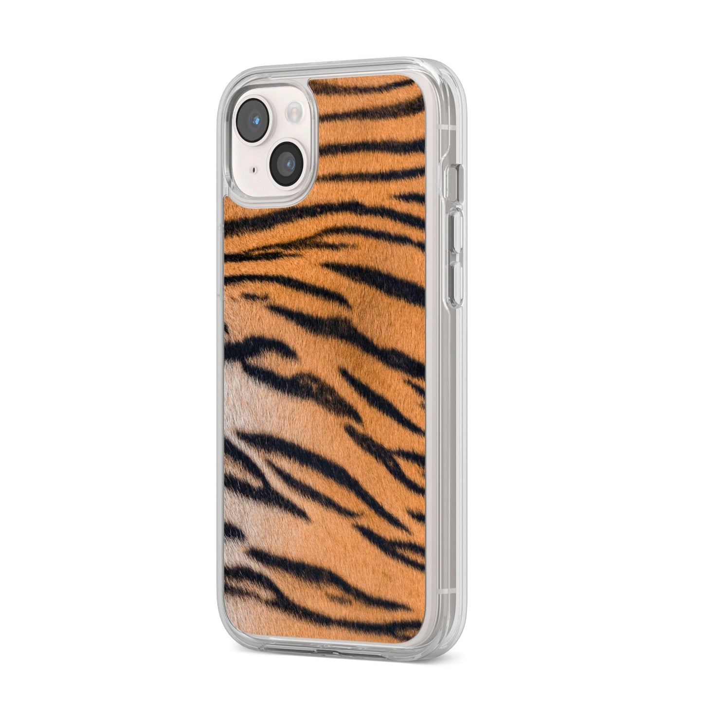 Tiger Print iPhone 14 Plus Clear Tough Case Starlight Angled Image