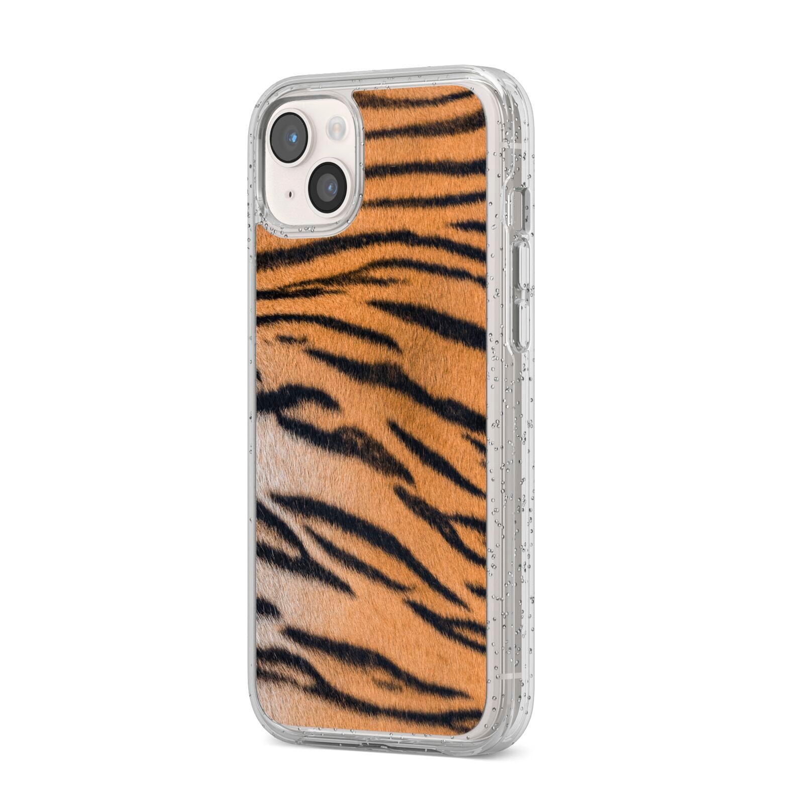 Tiger Print iPhone 14 Plus Glitter Tough Case Starlight Angled Image