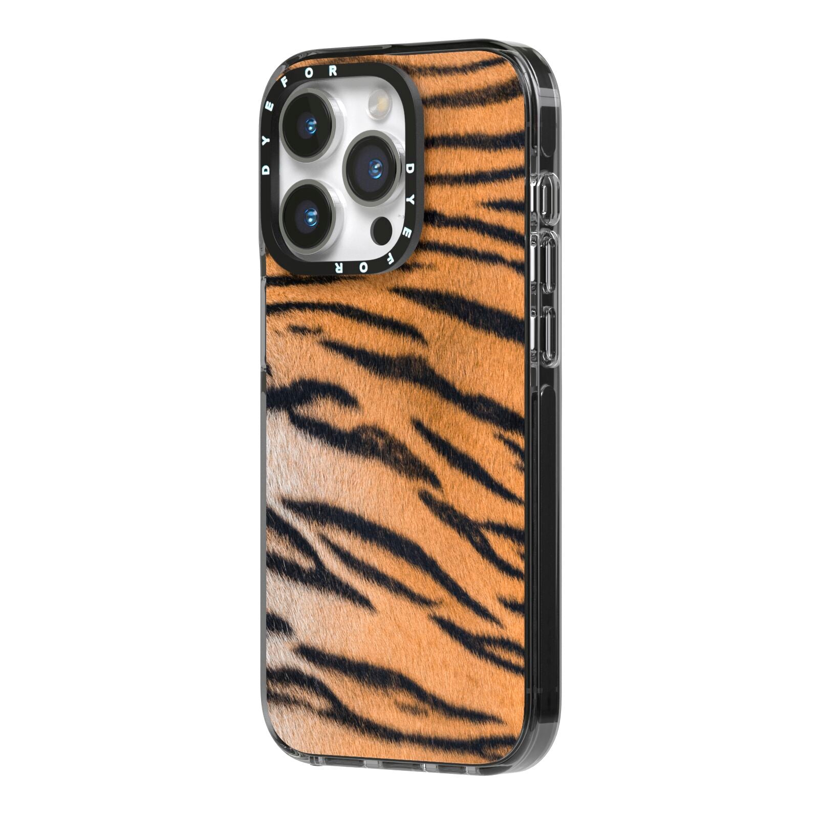 Tiger Print iPhone 14 Pro Black Impact Case Side Angle on Silver phone