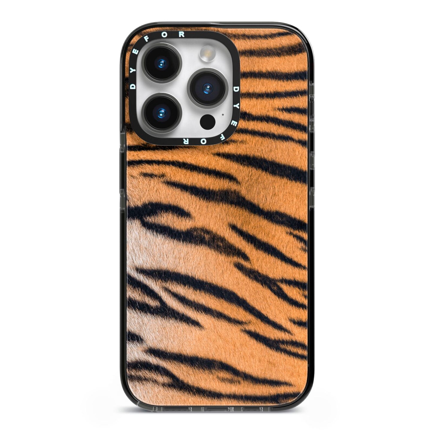 Tiger Print iPhone 14 Pro Black Impact Case on Silver phone