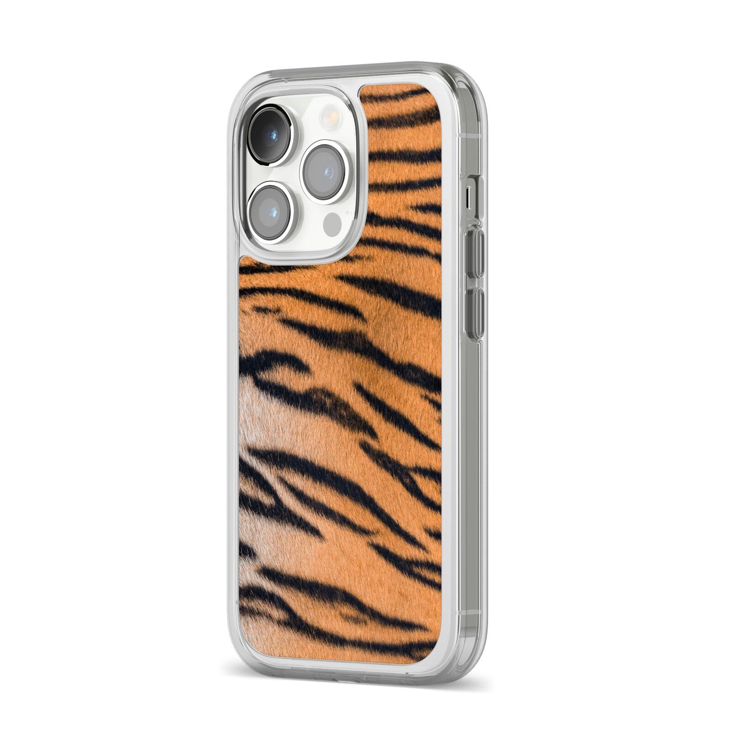 Tiger Print iPhone 14 Pro Clear Tough Case Silver Angled Image