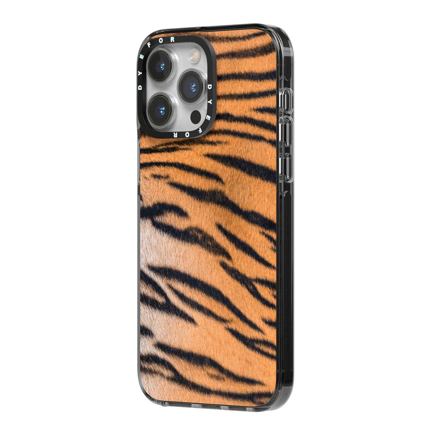 Tiger Print iPhone 14 Pro Max Black Impact Case Side Angle on Silver phone