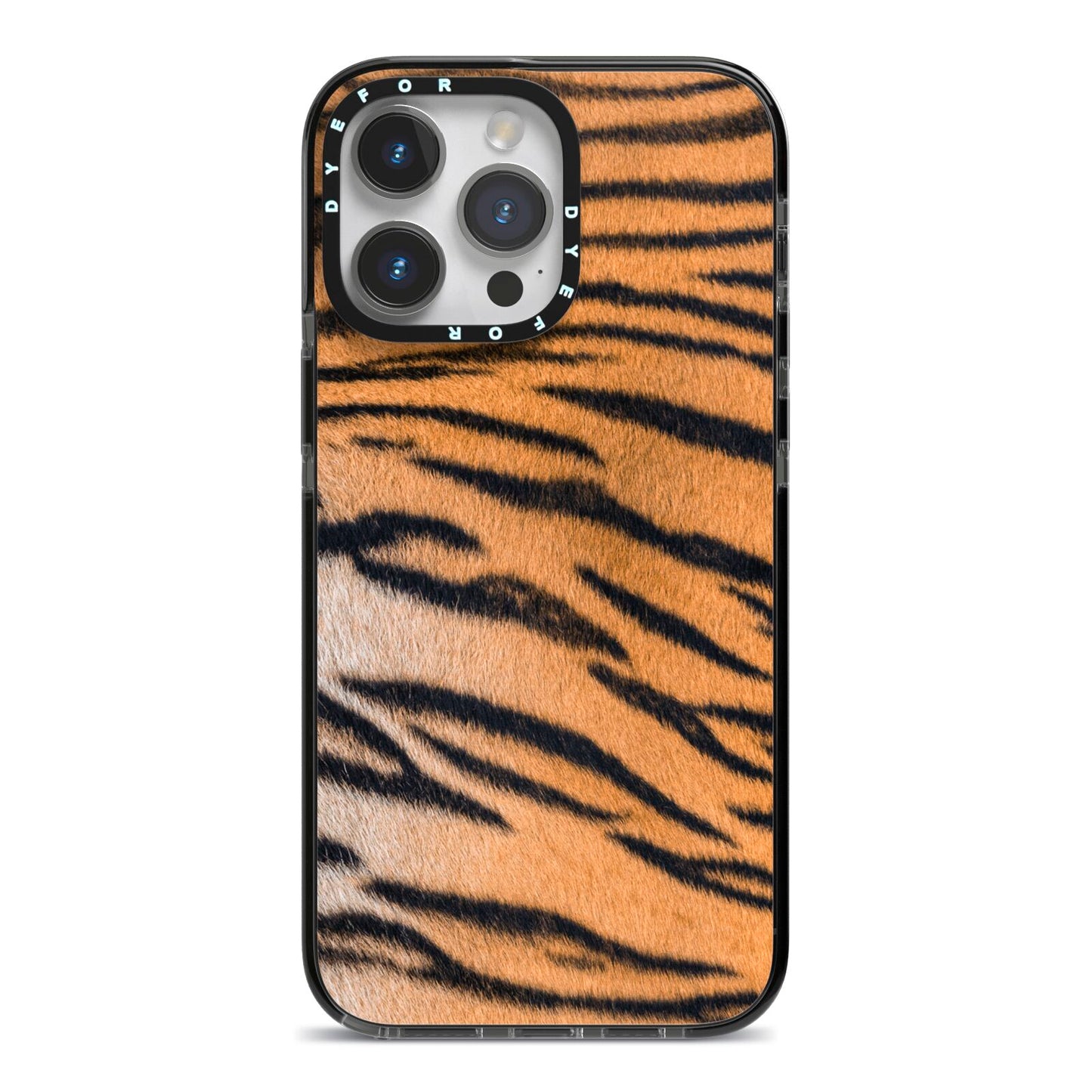 Tiger Print iPhone 14 Pro Max Black Impact Case on Silver phone