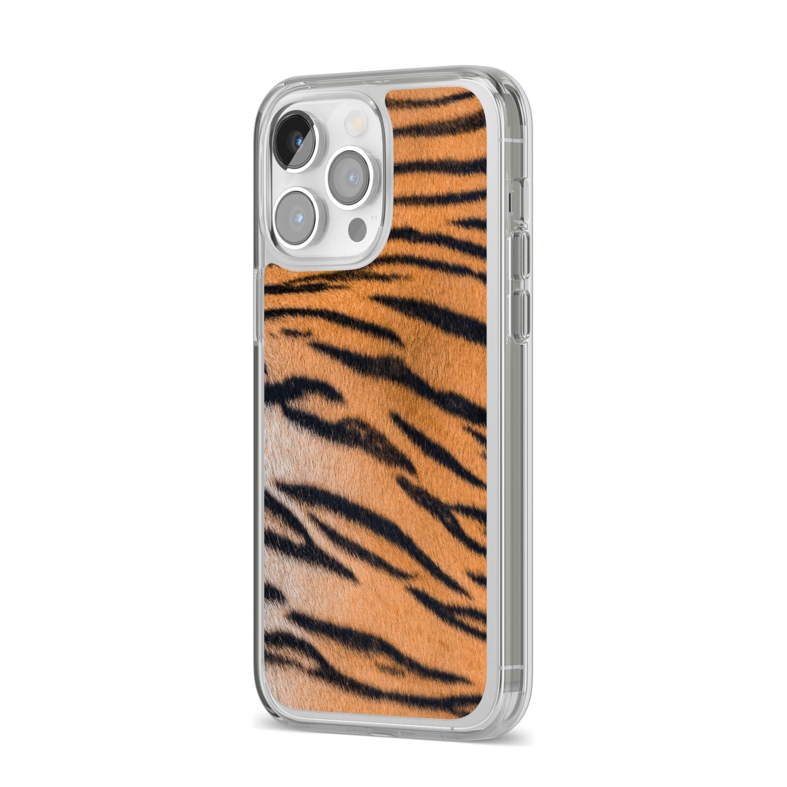 Tiger Print iPhone 14 Pro Max Clear Tough Case Silver Angled Image