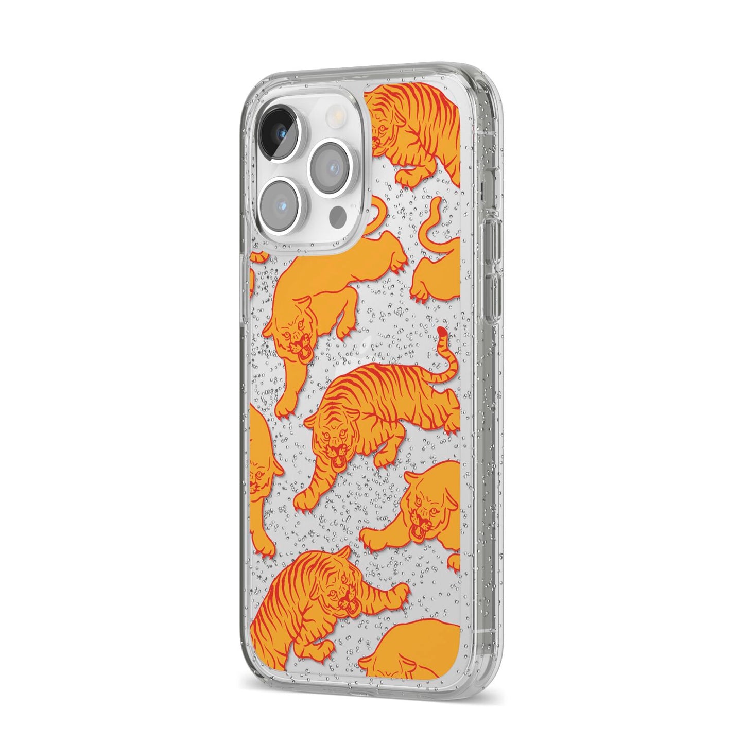 Tiger iPhone 14 Pro Max Glitter Tough Case Silver Angled Image