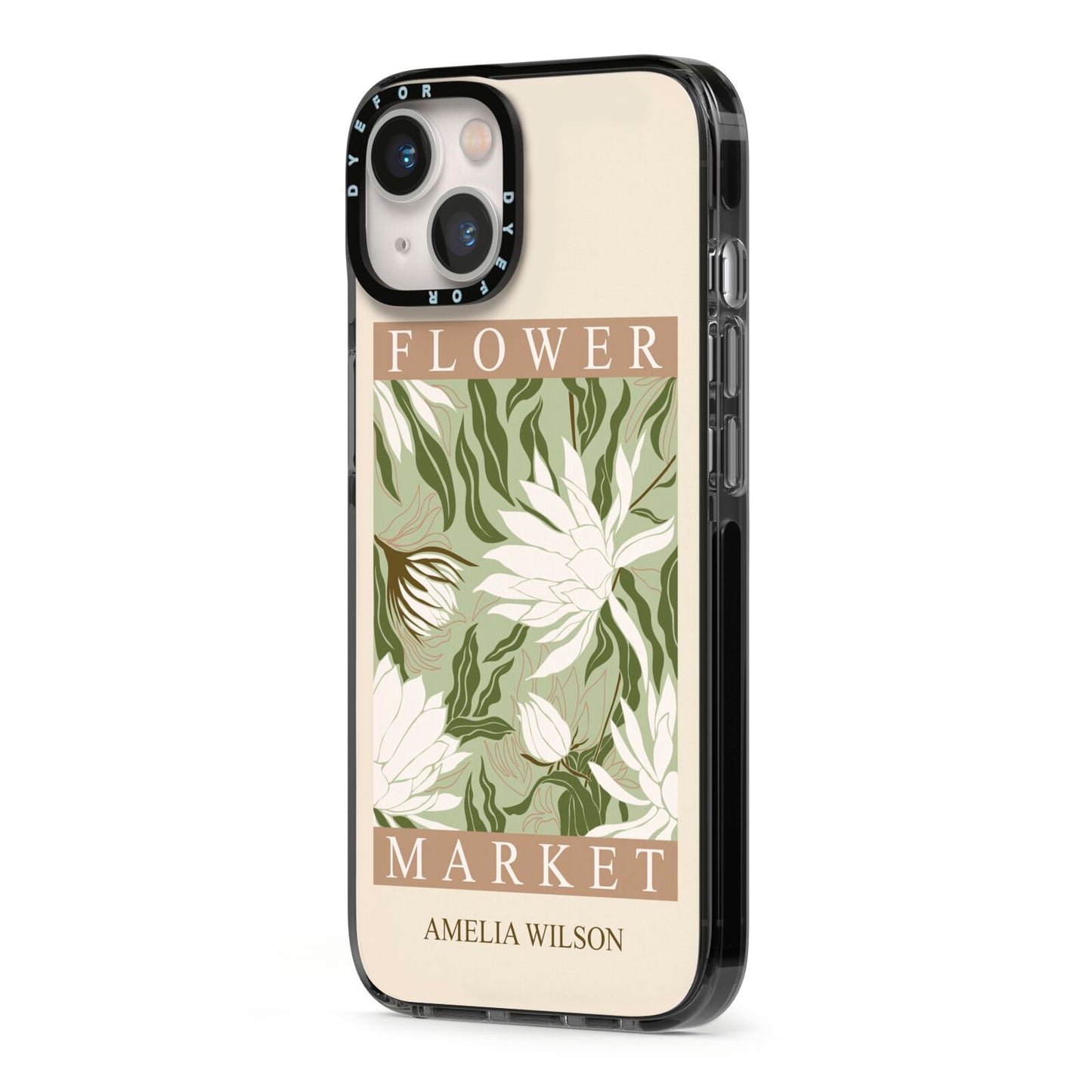 Tokyo Flower Market iPhone 13 Black Impact Case Side Angle on Silver phone
