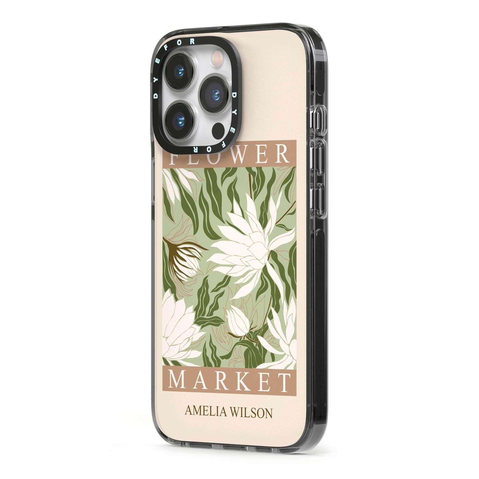 Tokyo Flower Market iPhone 13 Pro Black Impact Case Side Angle on Silver phone