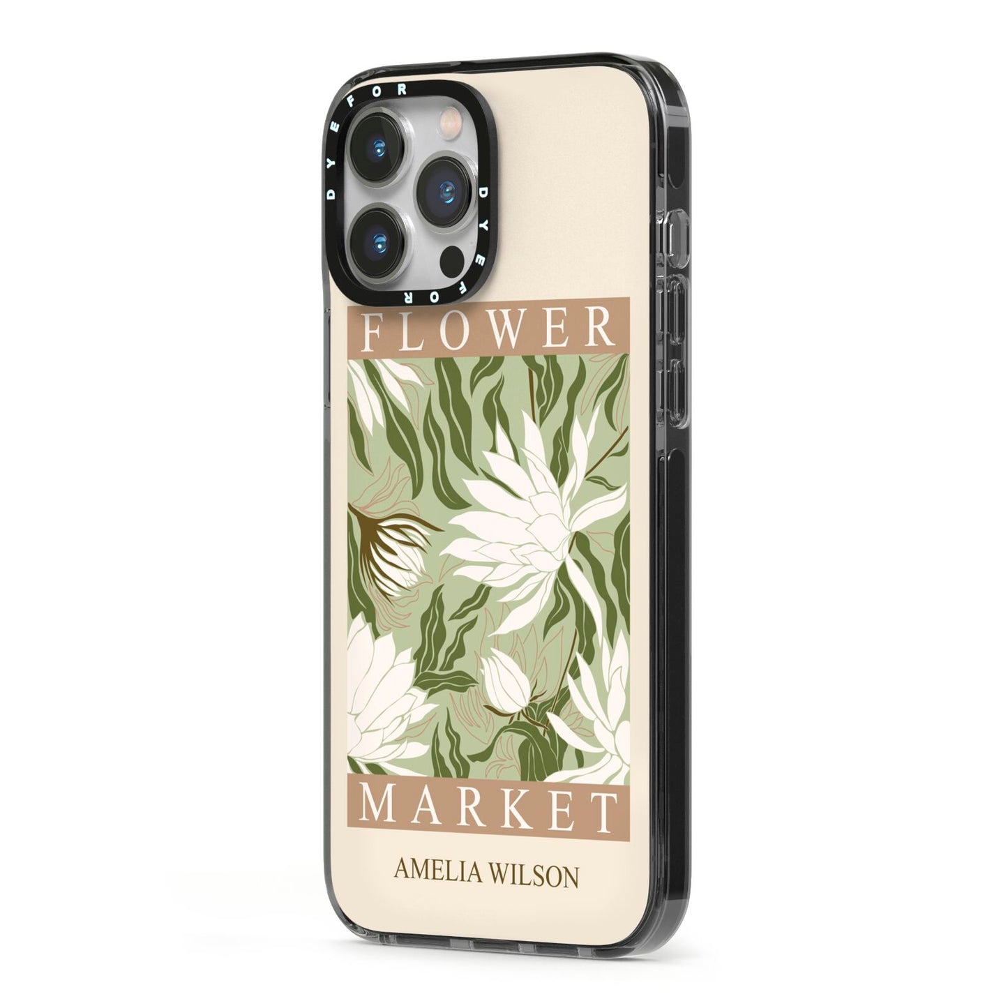 Tokyo Flower Market iPhone 13 Pro Max Black Impact Case Side Angle on Silver phone