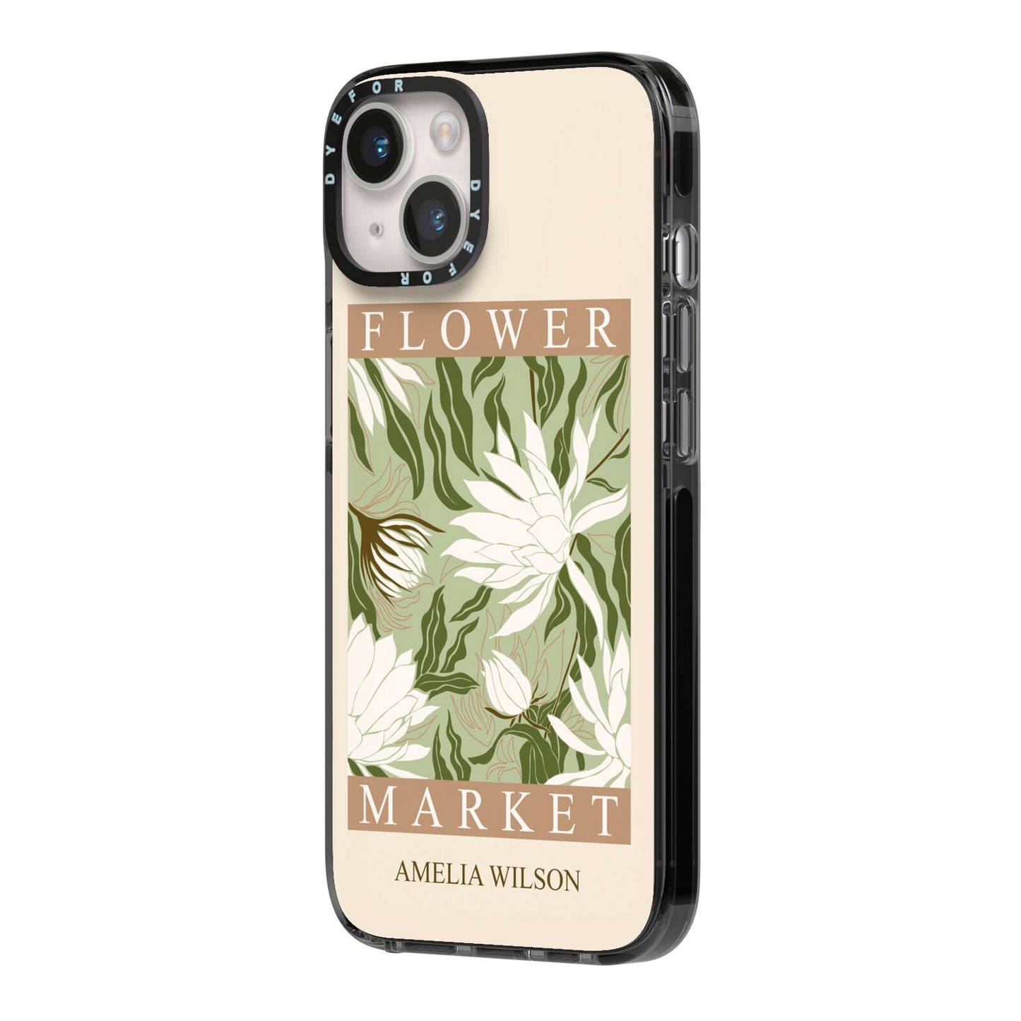 Tokyo Flower Market iPhone 14 Black Impact Case Side Angle on Silver phone