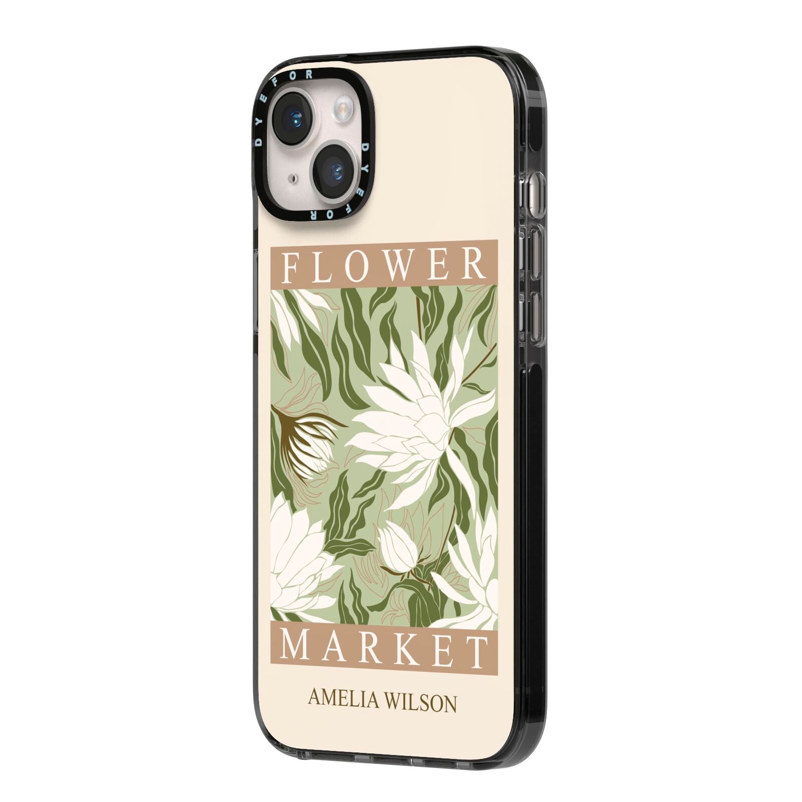 Tokyo Flower Market iPhone 14 Plus Black Impact Case Side Angle on Silver phone