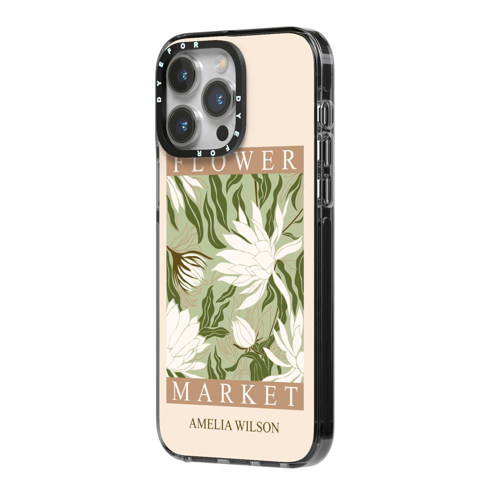 Tokyo Flower Market iPhone 14 Pro Max Black Impact Case Side Angle on Silver phone