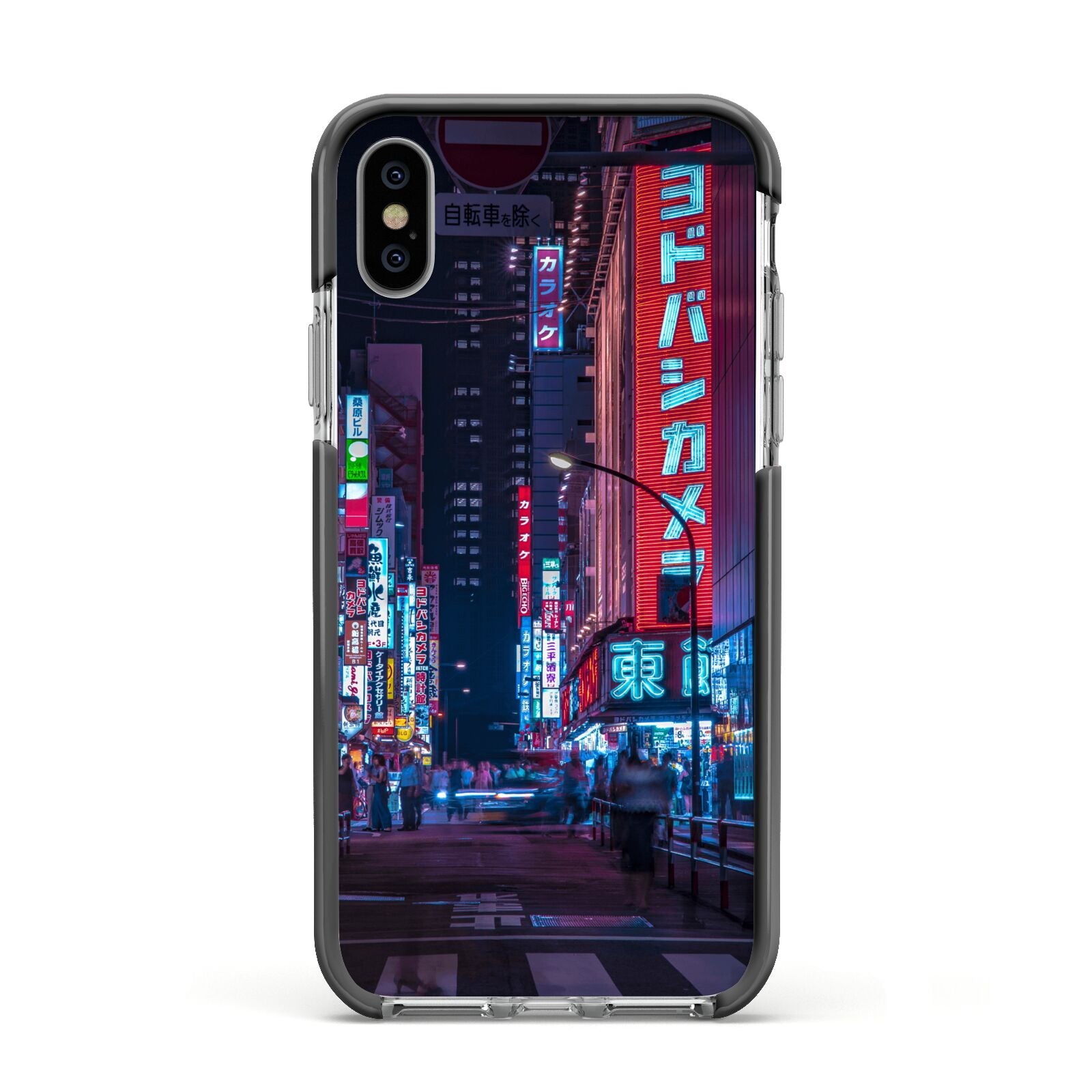 Tokyo Neon City Apple iPhone Xs Impact Case Black Edge on Silver Phone