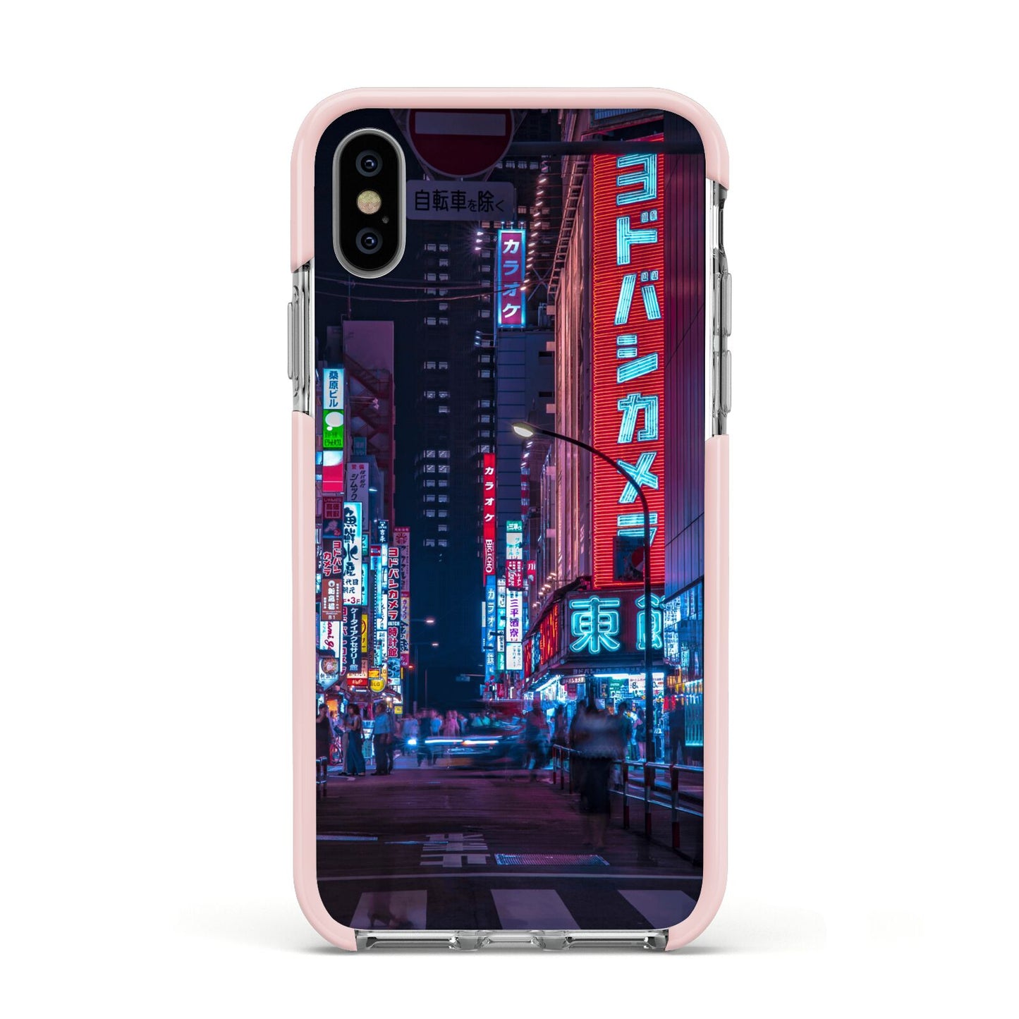 Tokyo Neon City Apple iPhone Xs Impact Case Pink Edge on Silver Phone