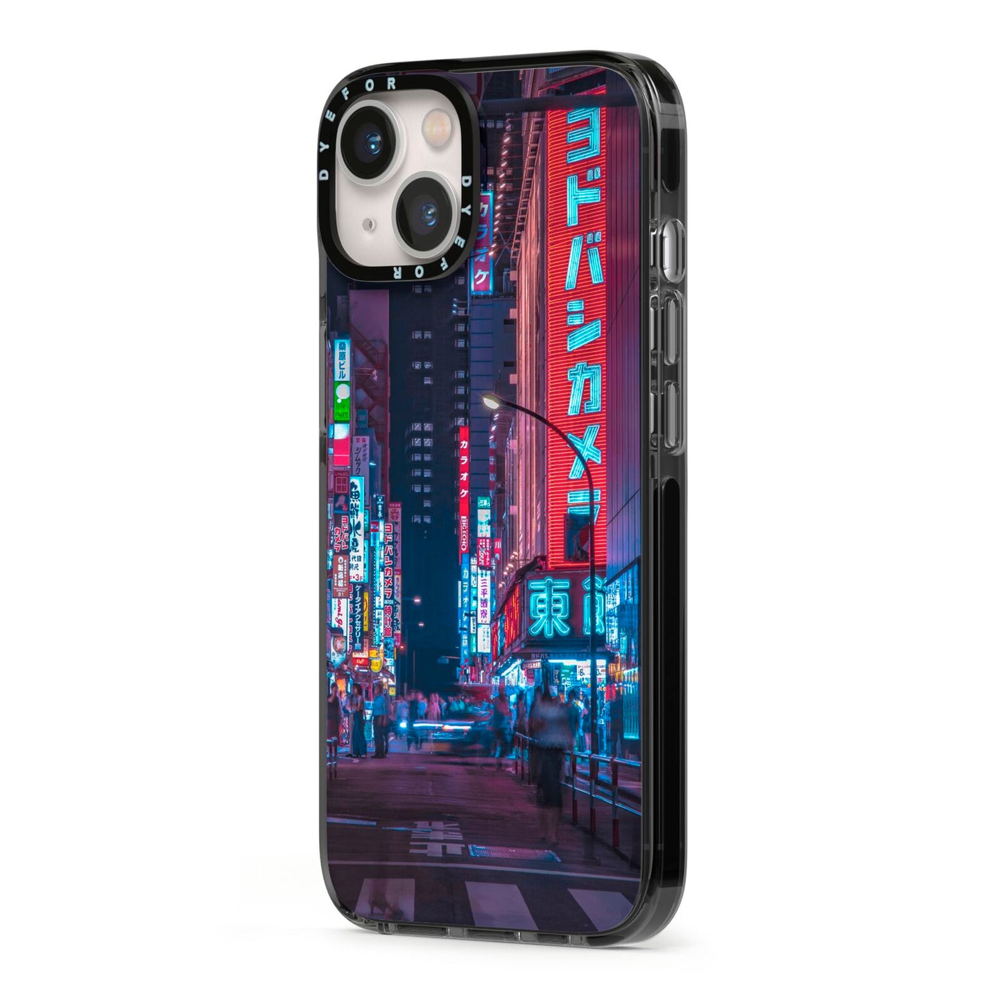 Tokyo Neon City iPhone 13 Black Impact Case Side Angle on Silver phone