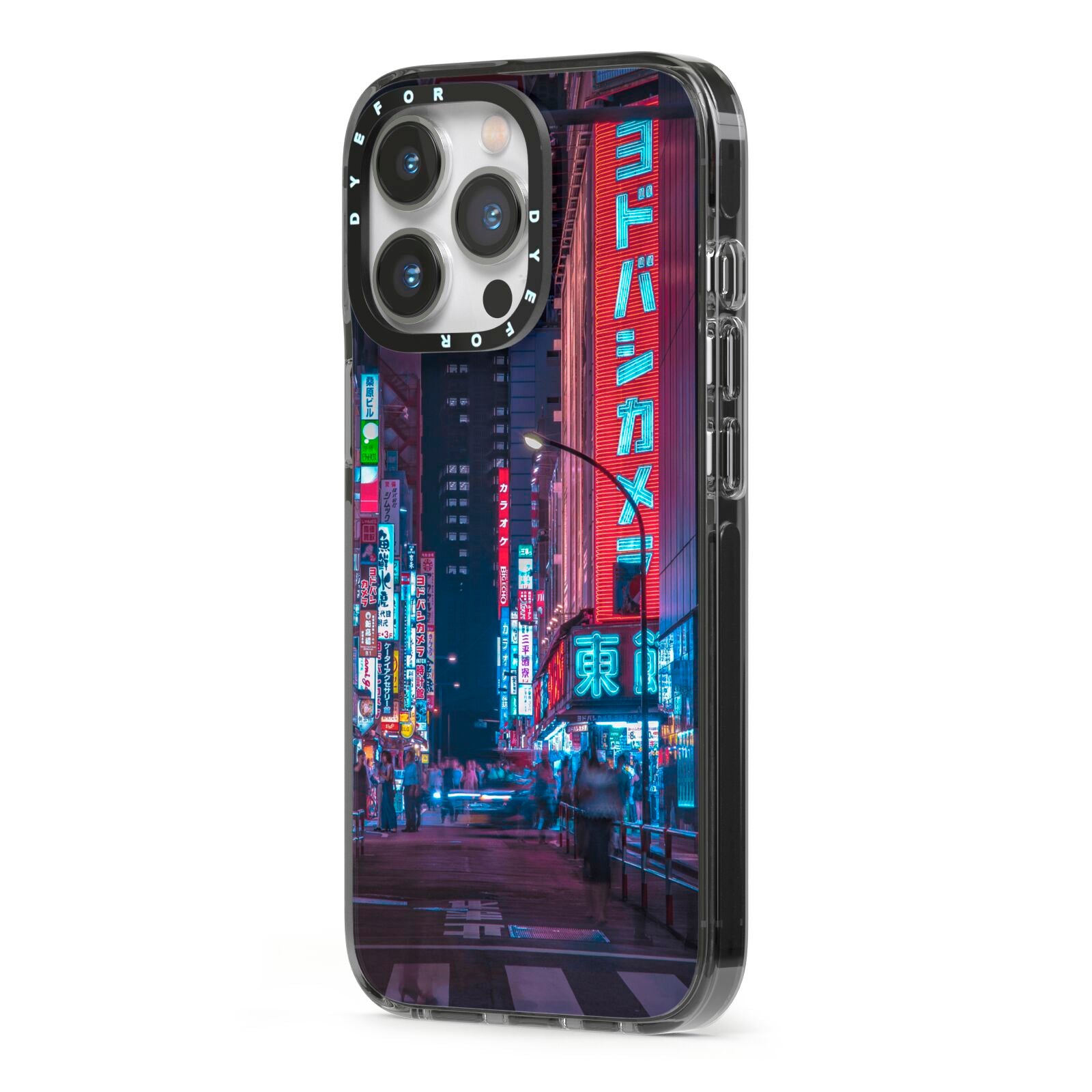 Tokyo Neon City iPhone 13 Pro Black Impact Case Side Angle on Silver phone