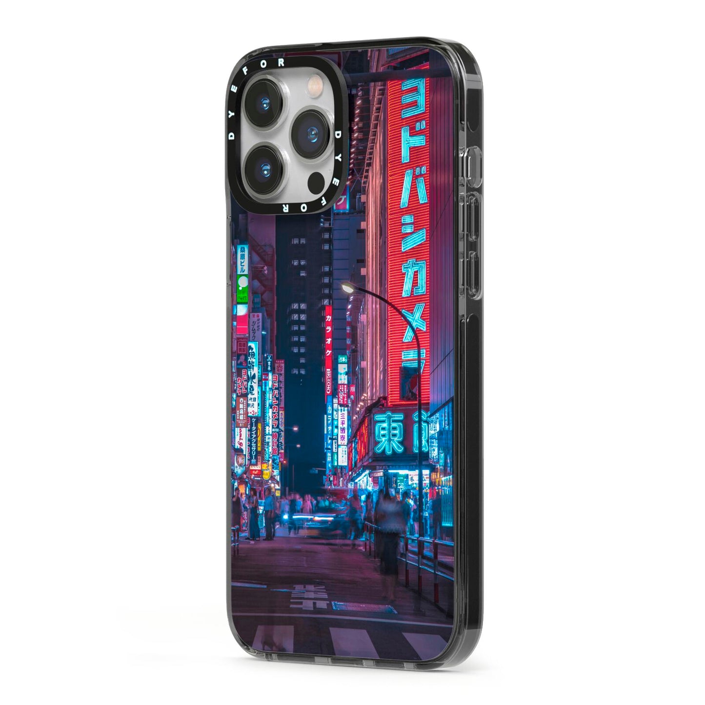 Tokyo Neon City iPhone 13 Pro Max Black Impact Case Side Angle on Silver phone