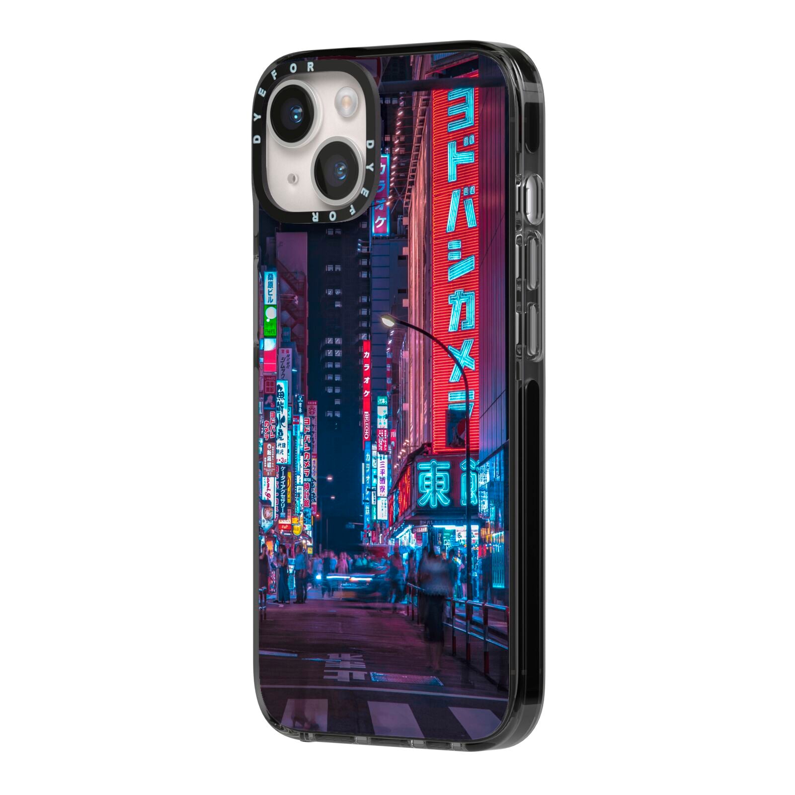 Tokyo Neon City iPhone 14 Black Impact Case Side Angle on Silver phone