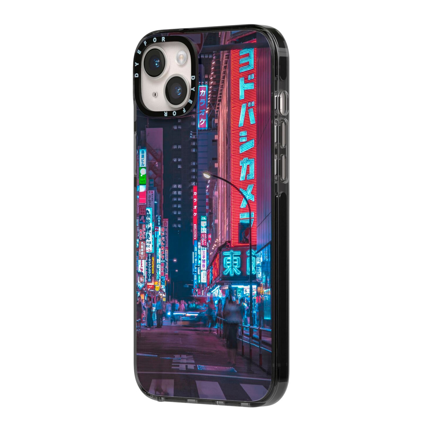 Tokyo Neon City iPhone 14 Plus Black Impact Case Side Angle on Silver phone