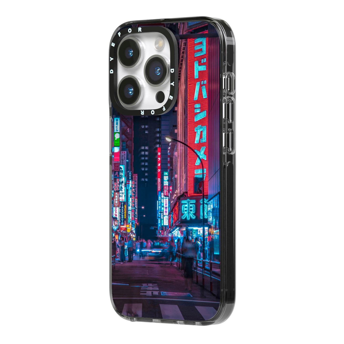 Tokyo Neon City iPhone 14 Pro Black Impact Case Side Angle on Silver phone