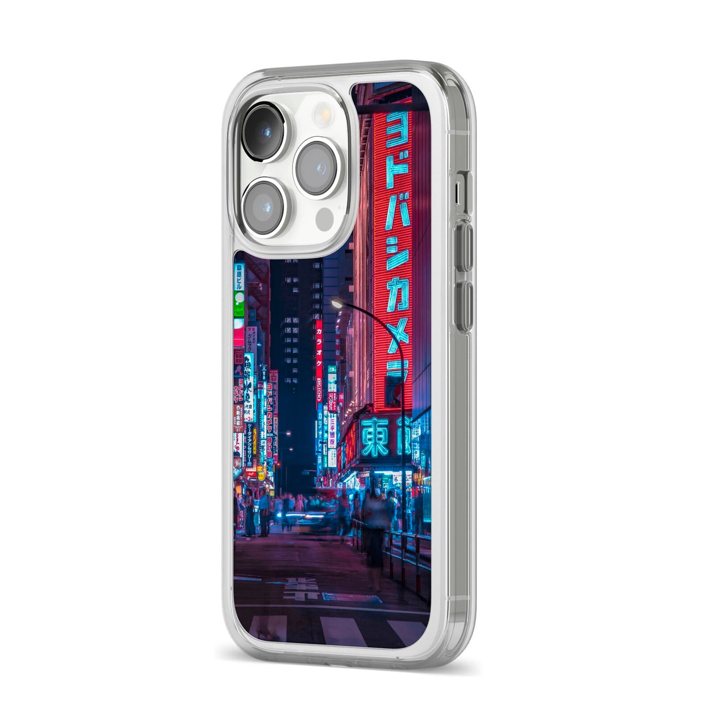 Tokyo Neon City iPhone 14 Pro Clear Tough Case Silver Angled Image