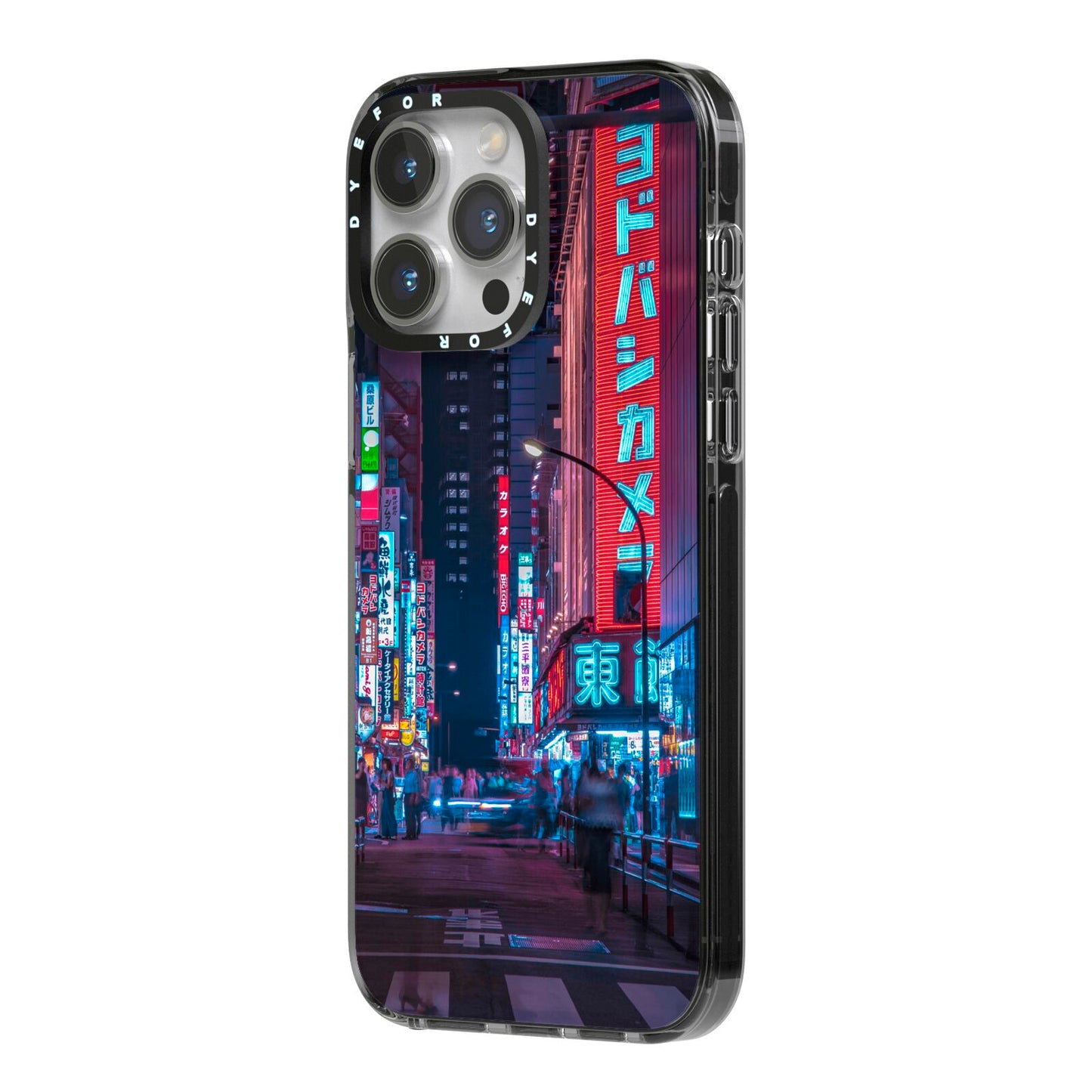 Tokyo Neon City iPhone 14 Pro Max Black Impact Case Side Angle on Silver phone