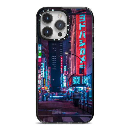 Tokyo Neon City iPhone 14 Pro Max Black Impact Case on Silver phone