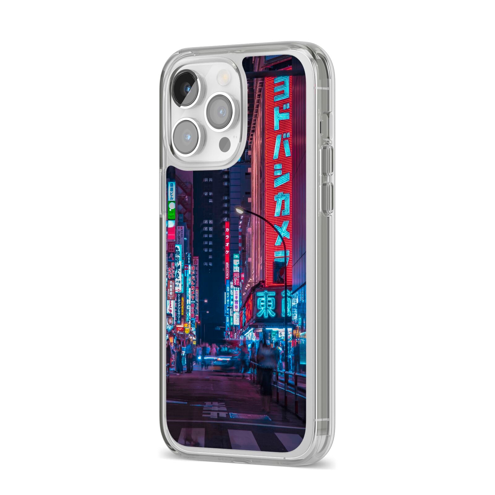 Tokyo Neon City iPhone 14 Pro Max Clear Tough Case Silver Angled Image