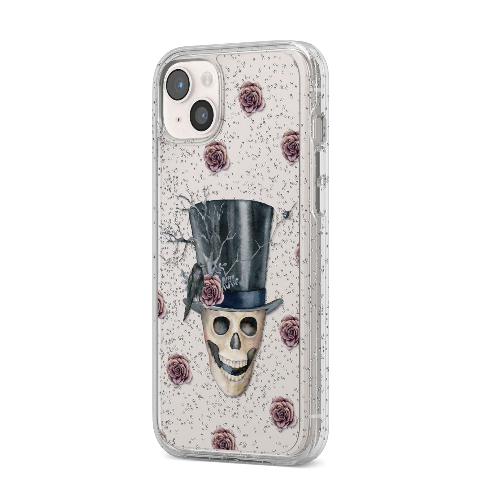 Top Hat Skull iPhone 14 Plus Glitter Tough Case Starlight Angled Image