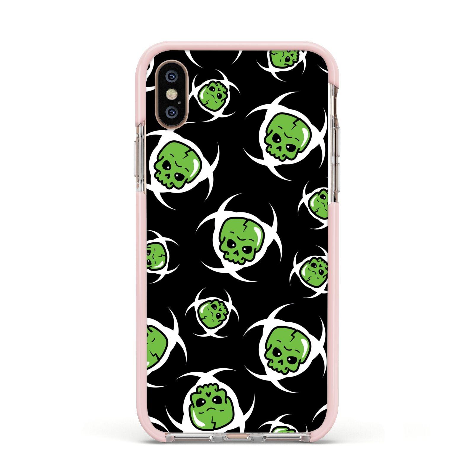 Toxic Skulls Apple iPhone Xs Impact Case Pink Edge on Gold Phone