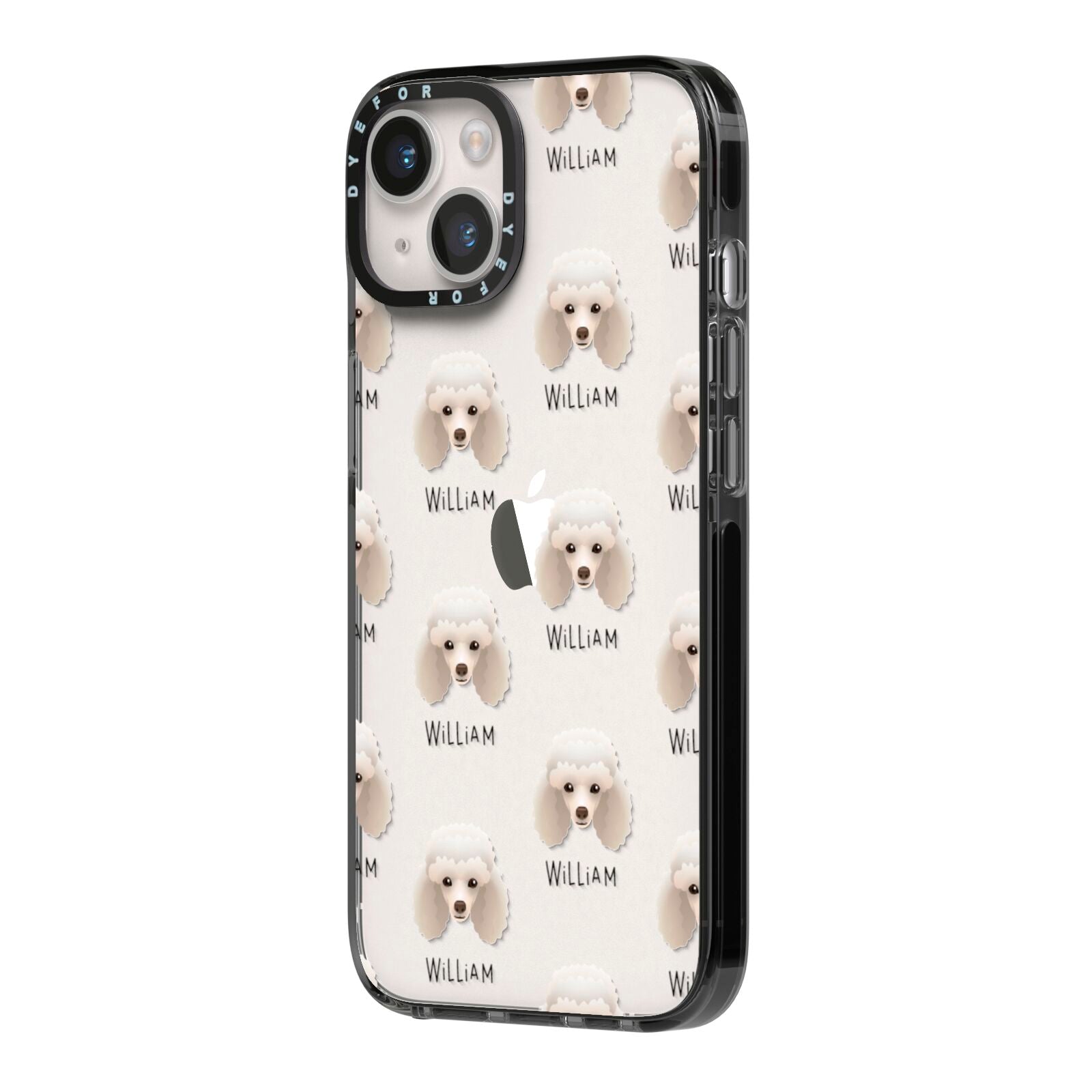 Toy Poodle Icon with Name iPhone 14 Black Impact Case Side Angle on Silver phone