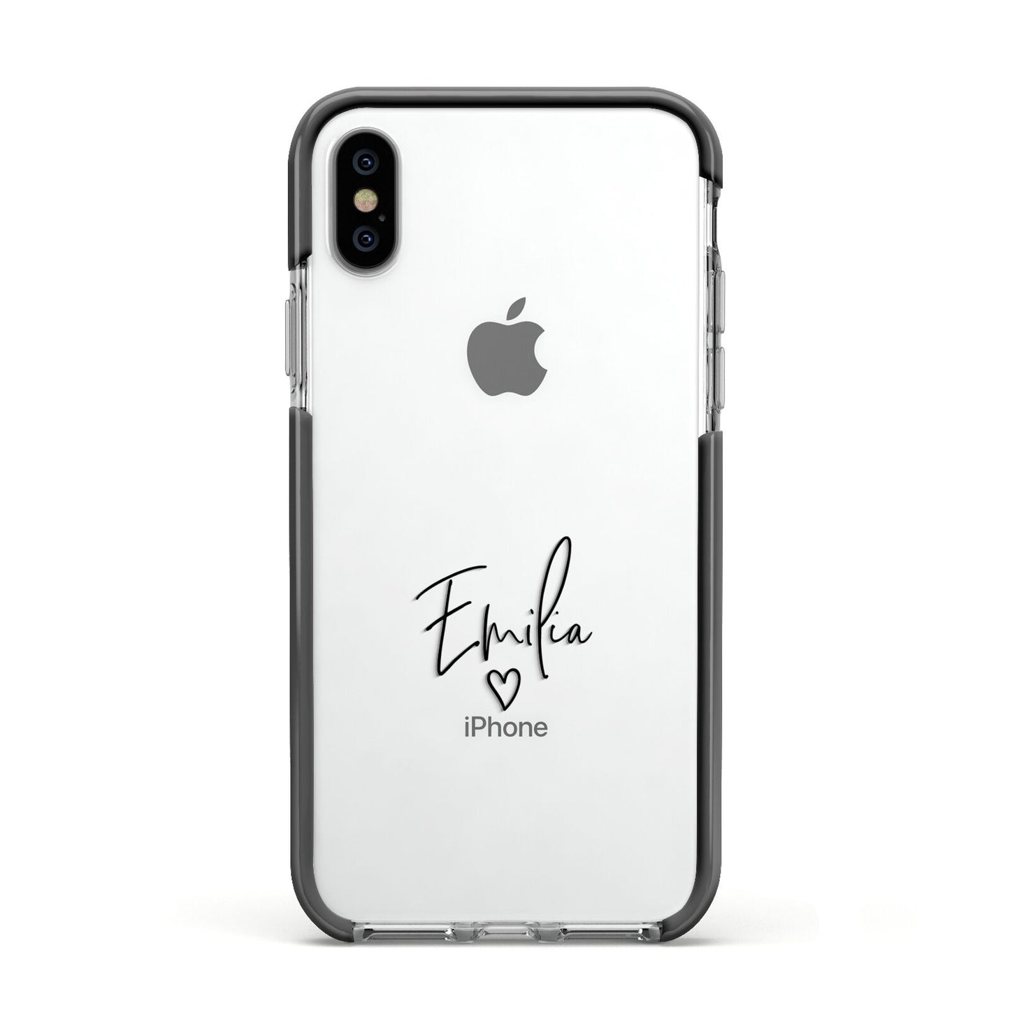 Transparent Black Handwritten Name Apple iPhone Xs Impact Case Black Edge on Silver Phone