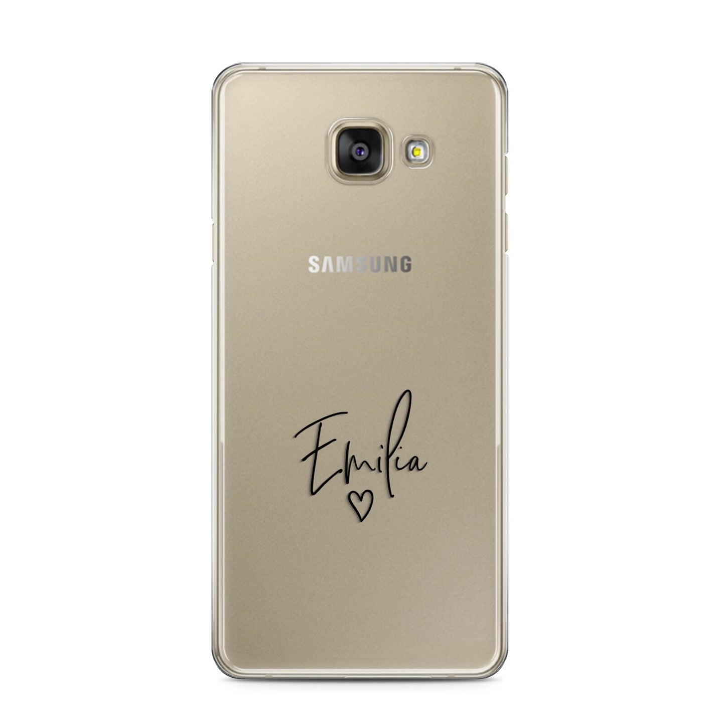 Transparent Black Handwritten Name Samsung Galaxy A3 2016 Case on gold phone