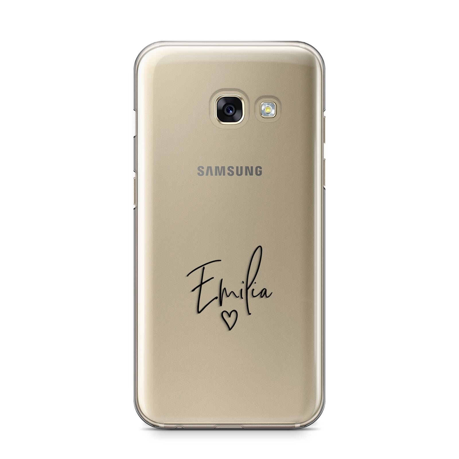 Transparent Black Handwritten Name Samsung Galaxy A3 2017 Case on gold phone