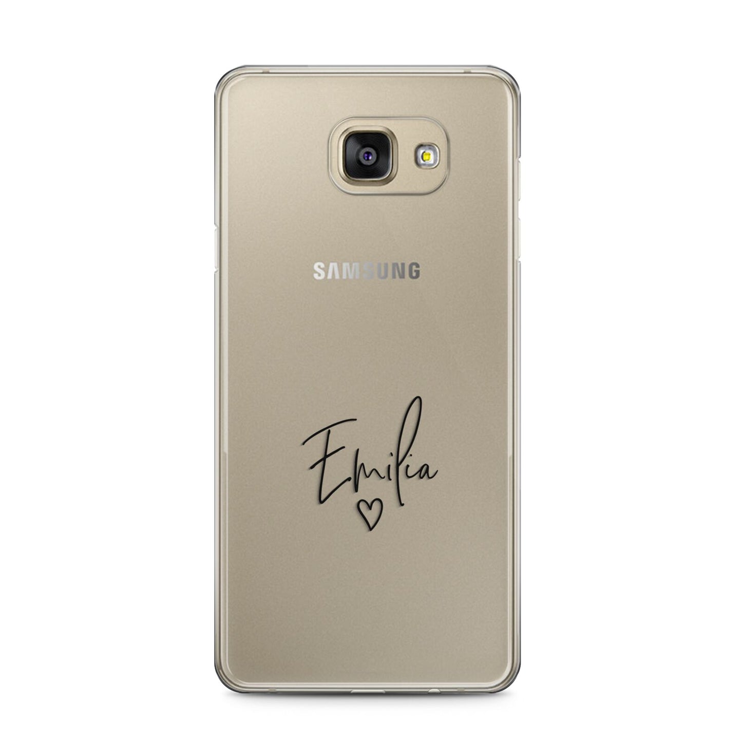 Transparent Black Handwritten Name Samsung Galaxy A5 2016 Case on gold phone