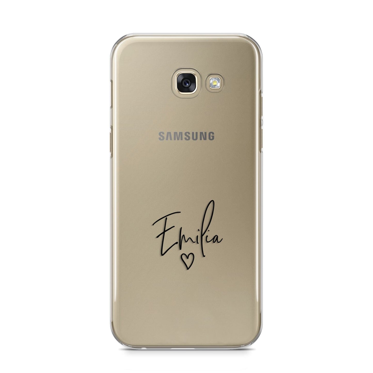 Transparent Black Handwritten Name Samsung Galaxy A5 2017 Case on gold phone