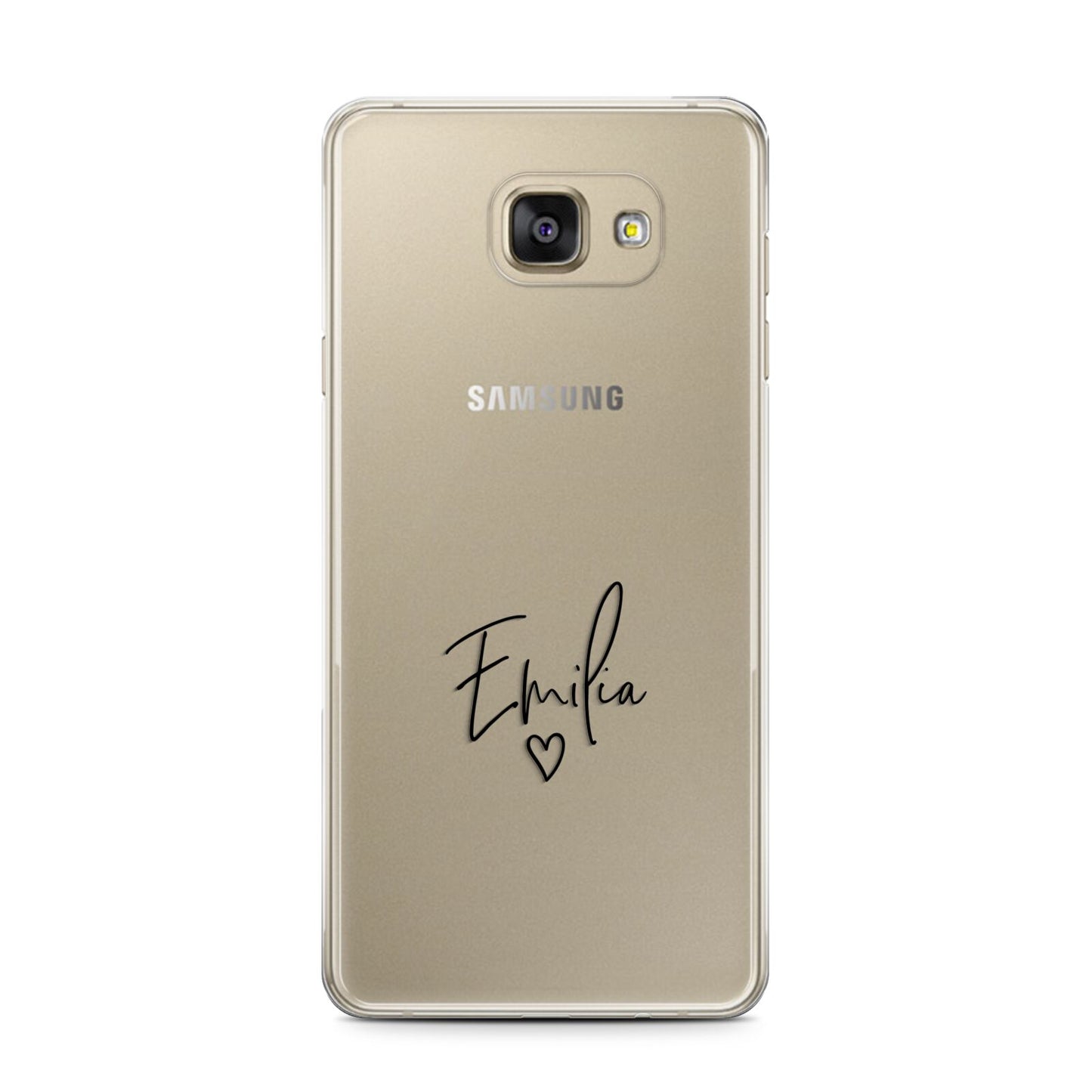 Transparent Black Handwritten Name Samsung Galaxy A7 2016 Case on gold phone