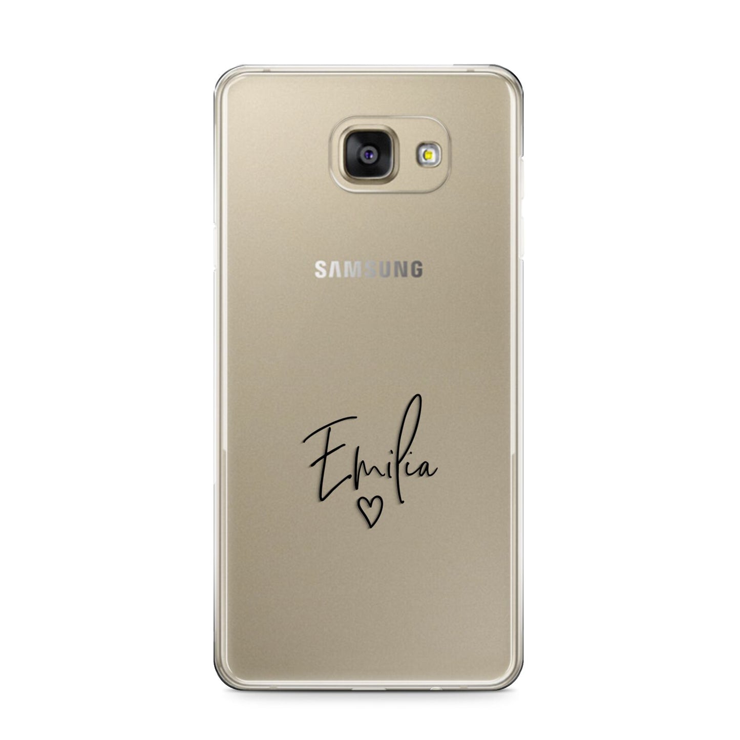 Transparent Black Handwritten Name Samsung Galaxy A9 2016 Case on gold phone