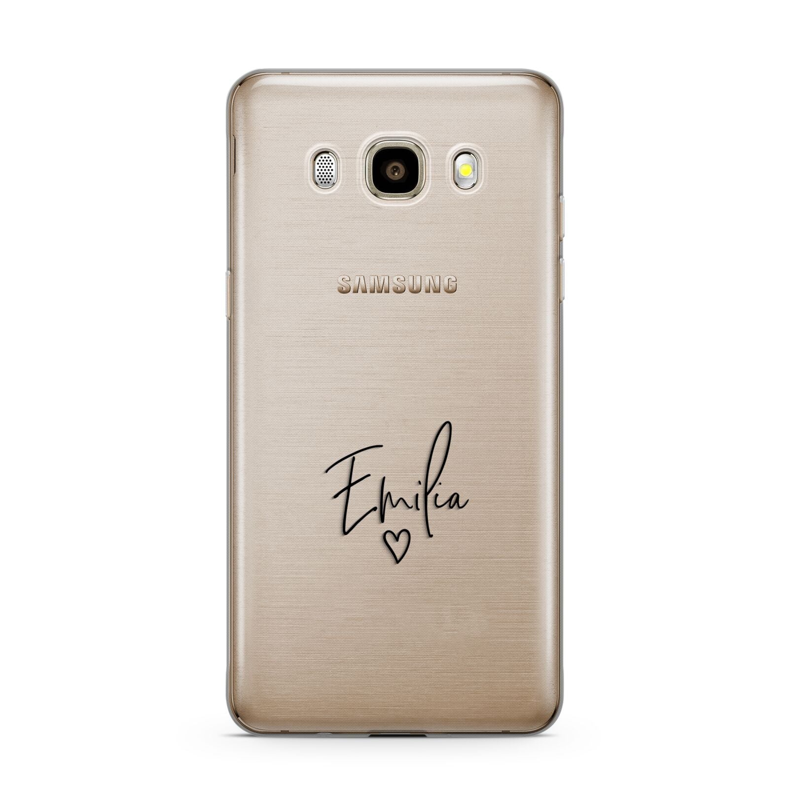 Transparent Black Handwritten Name Samsung Galaxy J7 2016 Case on gold phone