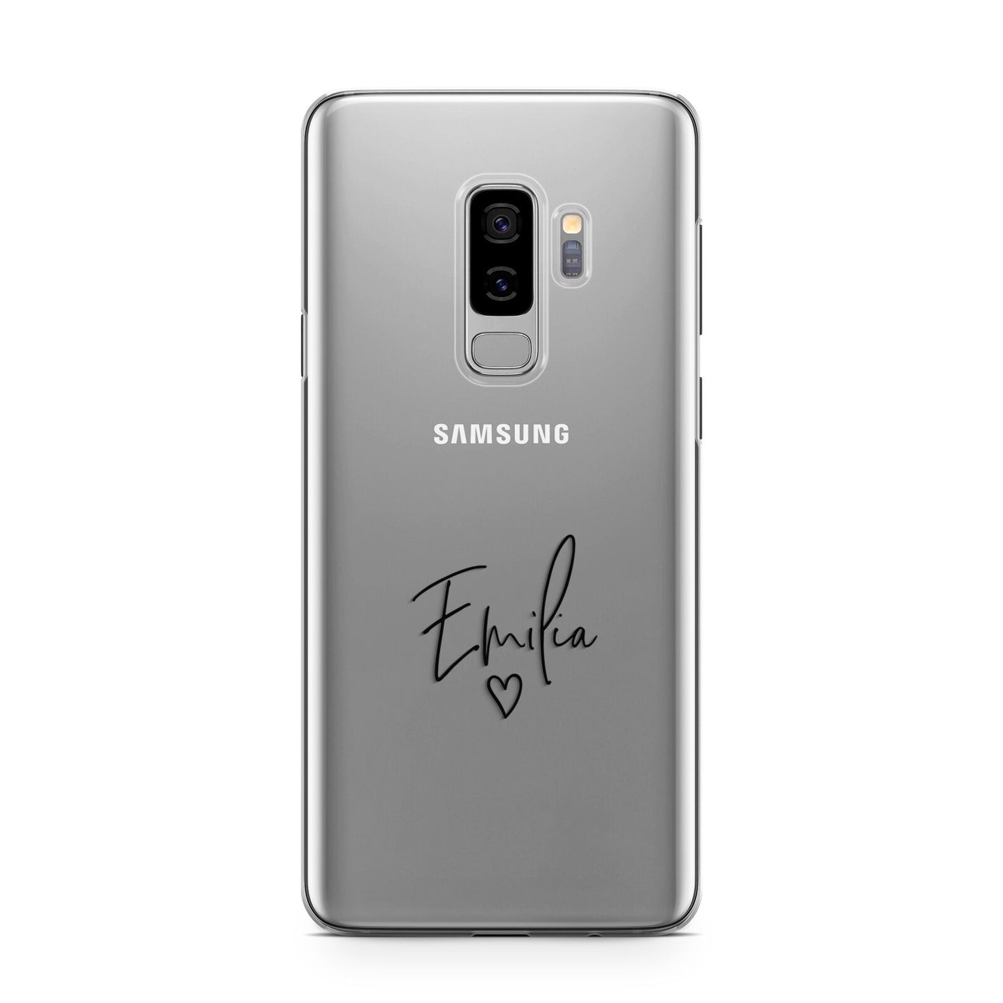 Transparent Black Handwritten Name Samsung Galaxy S9 Plus Case on Silver phone