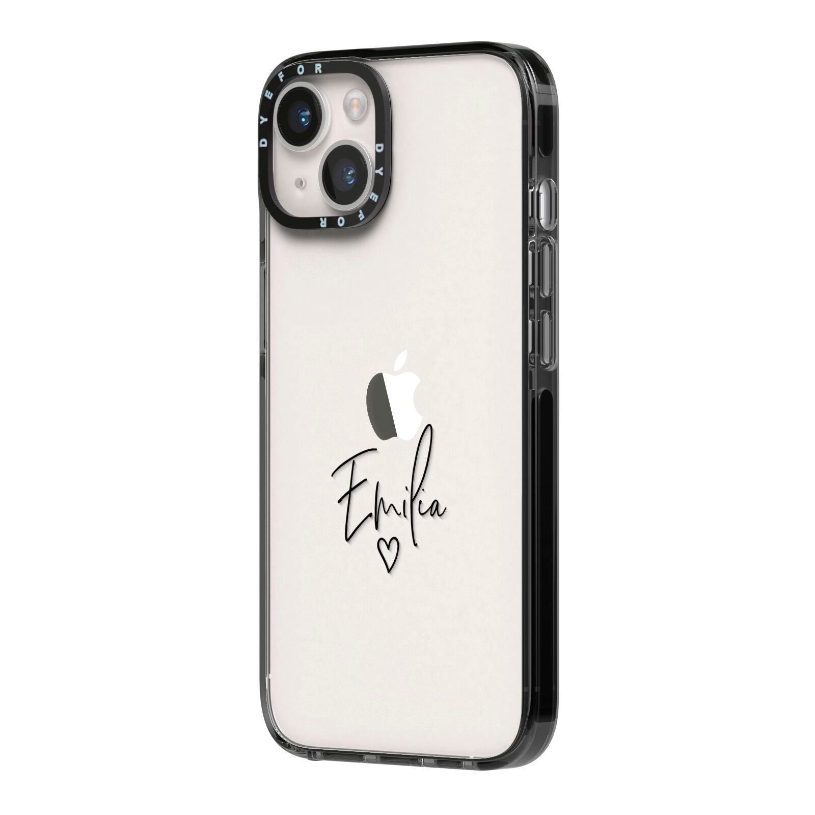 Transparent Black Handwritten Name iPhone 14 Black Impact Case Side Angle on Silver phone