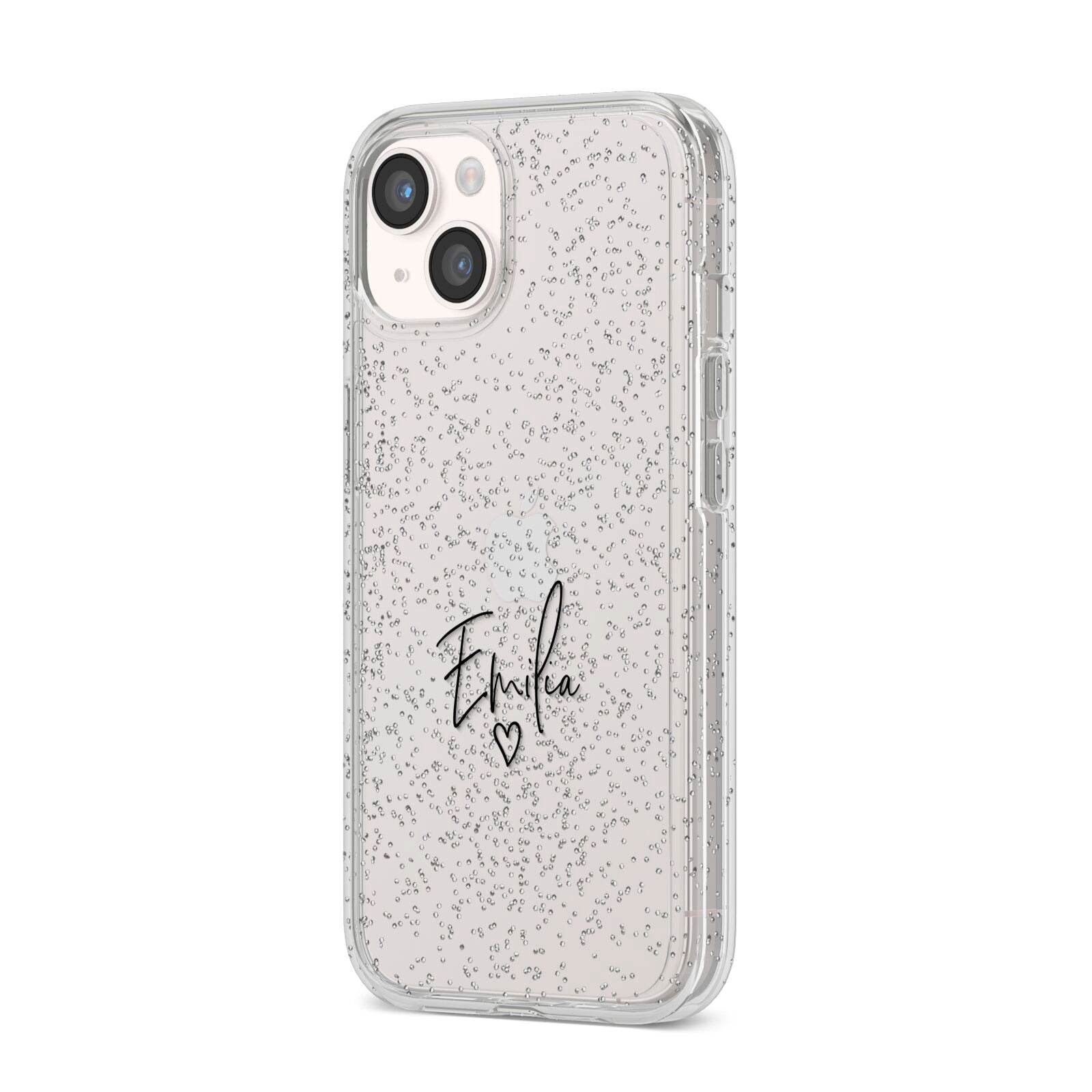 Transparent Black Handwritten Name iPhone 14 Glitter Tough Case Starlight Angled Image