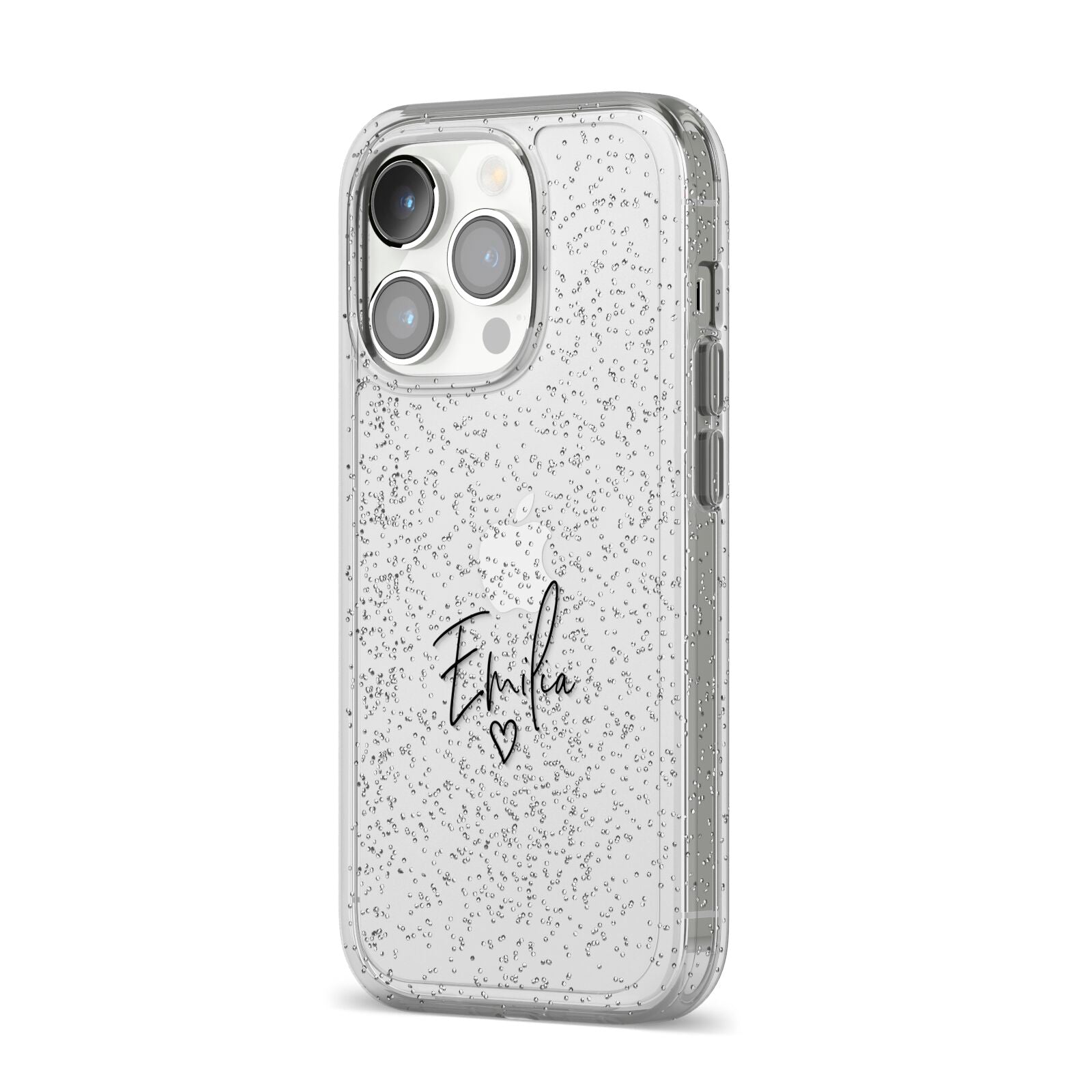 Transparent Black Handwritten Name iPhone 14 Pro Glitter Tough Case Silver Angled Image